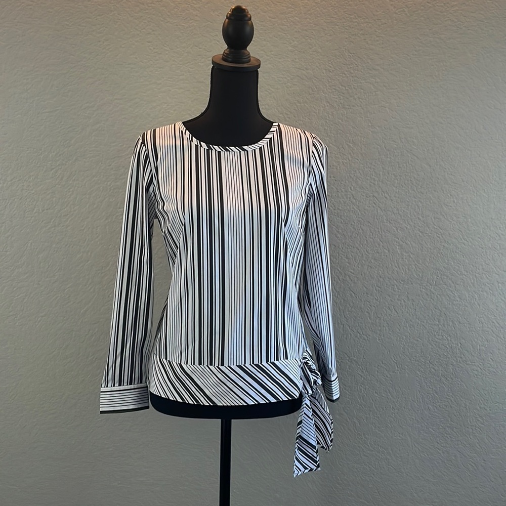 Talbots Black/White Striped Tie Waist Blouse